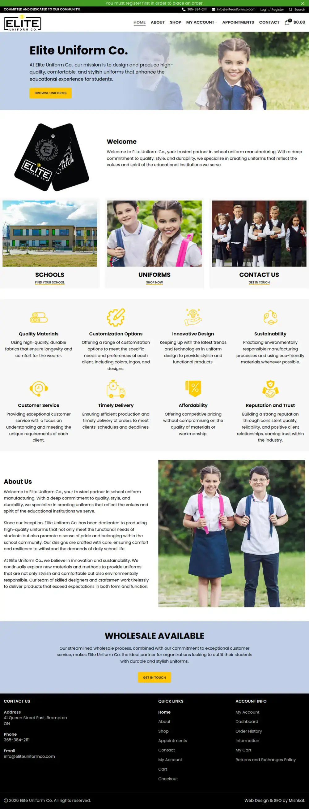 Elite Uniform Co. homepage preview